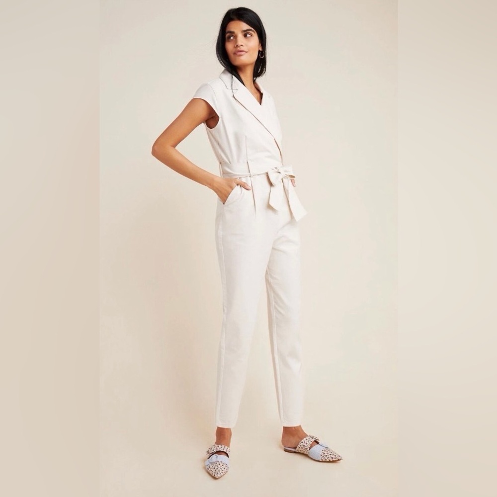 Anthropologie Eliza Utility Straight Leg Tie Waist Jumpsuit In Off White Size 2